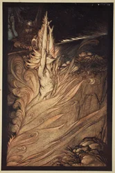 'Vis, flimrende ild, omkranser klippen med din flamme! Loge! Loge! Vis!', illustrasjon fra 'Rhinegold and the Valkyrie', 1910